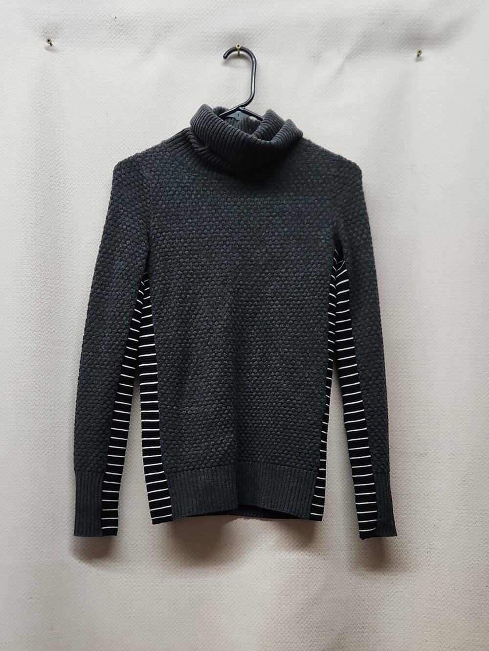 Athleta Charcoal Turtleneck Sweater with Black-and-White Striped Panels